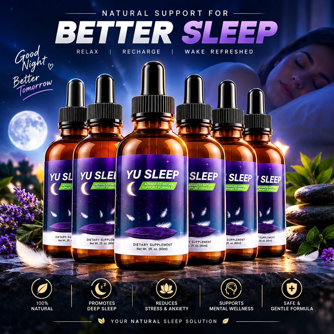 Yu Sleep promotional graphic: six amber dropper bottles under the headline 'Natural Support for Better Sleep'